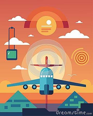 As the sun sets sensors on the plane automatically activate the battery backup system ensuring a safe and continuous Vector Illustration