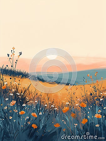 Nature's Symphony: A Warm Sundown Scene of Field Flowers, Birds Stock Photo