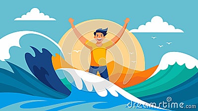 As the wave crashes down behind them a surfer emerges triumphantly arms raised in celebration of their incredible ride Vector Illustration