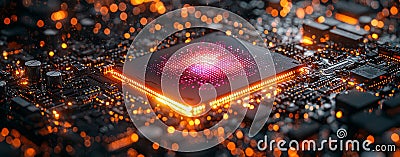 As a wide banner, we present a high tech video of powerful computer components, including a microchip, a CPU, or a GPU Stock Photo