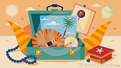 As you dig deeper into the suitcase curious objects spill out including a beaded fan a tigereye necklace and a faded Vector Illustration