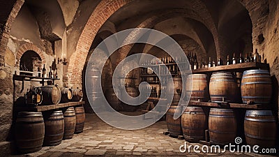 Old wine cellar with bottles and barrels Stock Photo