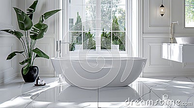 As you step into the large sunken bathtub the smooth and shiny surface of the polished ceramic tiles underfoot feel cool Stock Photo