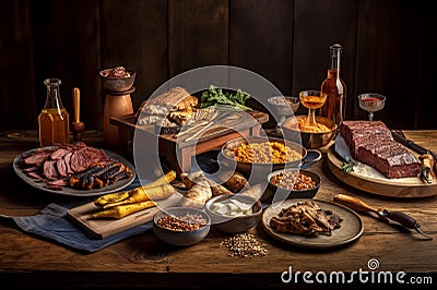 Asado roasted beef and various other barbecue. Generative AI Stock Photo