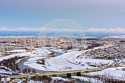 Asahikawa, Japan twilight winter cityscape in Hokkaido Stock Photo