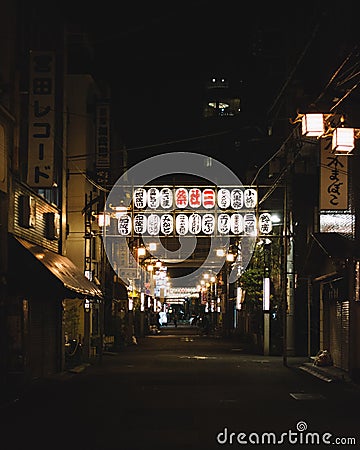 Asakusa, Tokyo, Japan - Backstreet lighted with traditional Japanese lanterns. Editorial Stock Photo