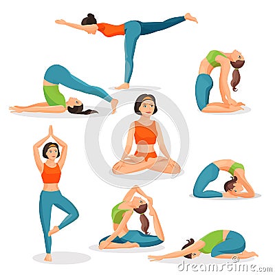 Asana yoga collection of girls doing sport in oriental poses Vector Illustration