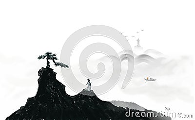 Ascend to the top landscape Ink painting Stock Photo