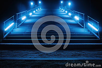 Illuminated Pathway Ascending into the Dark A Nighttime Stairway Lit by Blue Lights for Futuristic and Atmospheric Urban Aesthetic Stock Photo