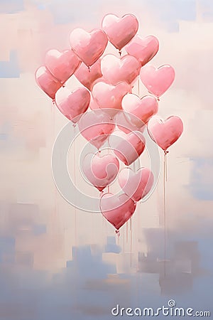 Ascending Heartache: The Symbolic Journey of Pink Heart Balloons Stock Photo