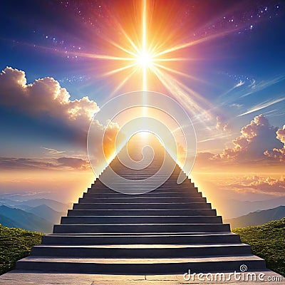 ascending stairs to the God is bright heavenly light background religion wonderful sky the dawn sky born light solar flare Cartoon Illustration