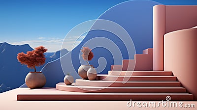 A pink stairs with pots and trees Stock Photo