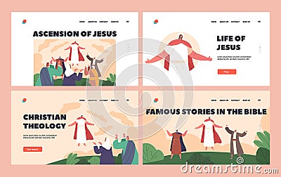 Ascension Of Jesus Landing Page Template Set. Jesus Christ Character Rising Into Sky As His Disciples Look On In Wonder Vector Illustration