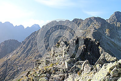 Ascent to Jahnaci stit peak in Zelene pleso valley in High Tatras Stock Photo