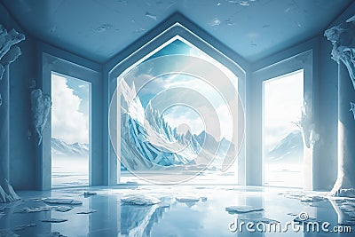 Ascetic interior design with ice imitation decorations and mountain scenery Stock Photo