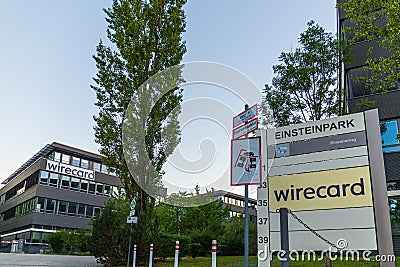 Aschheim, Germany - August 1, 2020: The steel-glass-building of the Wirecard AG with logo, after the insolvency Editorial Stock Photo