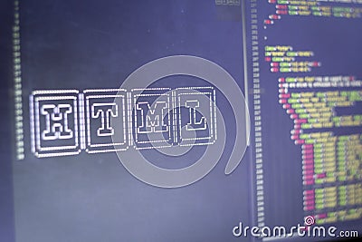 ASCII art of HTML technology name and real HTML code aside Stock Photo
