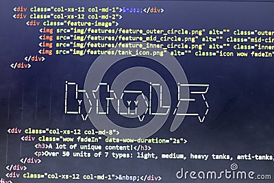 ASCII art of HTML technology name and real HTML code aside Editorial Stock Photo