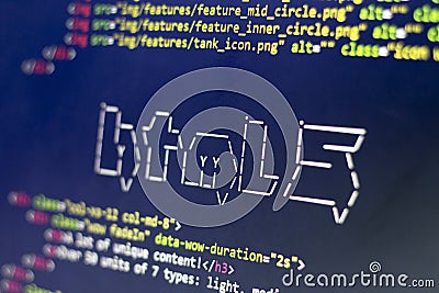 ASCII art of HTML technology name and real HTML code aside Editorial Stock Photo