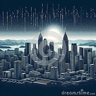 ASCII Cityscape A city skyline represented using ASCII character Cartoon Illustration