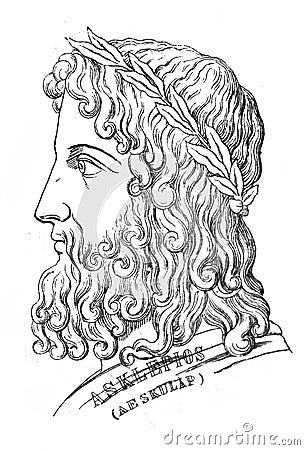 Asclepius, the ancient hero of medecine in the old book The History of Medecine, by S. Kovner, 1878, Kiev Stock Photo