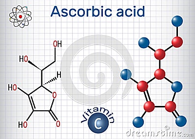 Ascorbic acid vitamin C. Structural chemical formula and molec Vector Illustration