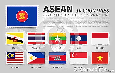 ASEAN . Association of Southeast Asian Nations . and membership flags . Flat rectangular stamp design . Vector Vector Illustration