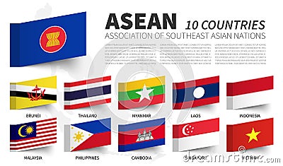 ASEAN . Association of Southeast Asian Nations . and membership flags . Sticky note design . Vector Vector Illustration