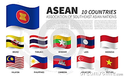 ASEAN . Association of Southeast Asian Nations and membership . Waving flags design . Southeast asia map background . Vector Vector Illustration