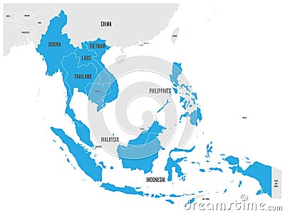 ASEAN Economic Community, AEC, map. Grey map with blue highlighted Vector Illustration