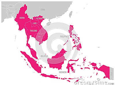 ASEAN Economic Community, AEC, map. Grey map with pink highlighted member countries, Southeast Asia. Vector illustration Vector Illustration