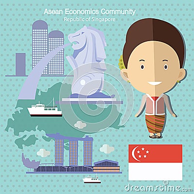 Asean Economics Community AEC Singapore Vector Illustration