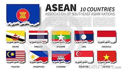 ASEAN flag Association of Southeast Asian Nations and membership on southeast asia map background . Torn paper design . Vector Vector Illustration