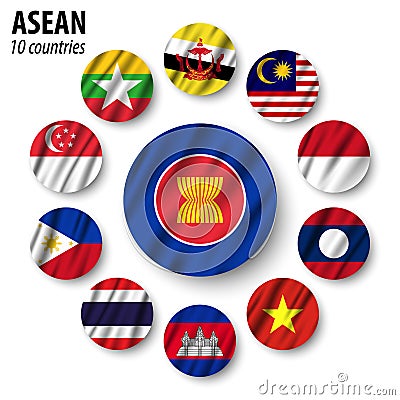 ASEAN flag Association of Southeast Asian Nations and membership . Waving fabric design . Vector Vector Illustration