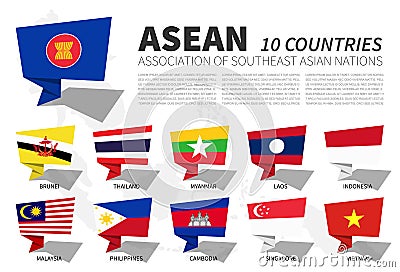 ASEAN flag and membership on southeast asia map background . Speech bubbles design . Vector Vector Illustration