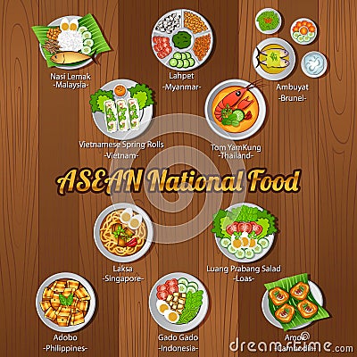 ASEAN national delicious and famous food.with wooden background Vector Illustration