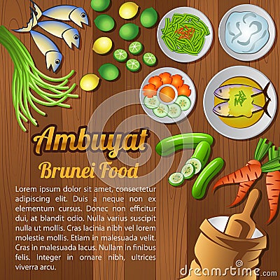 Asean National food ingredients elements set banner on wooden background,Brunei Vector Illustration