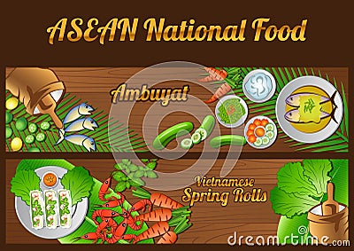 Asean National food ingredients elements set banner on wooden background,Brunei and Vietnam Vector Illustration