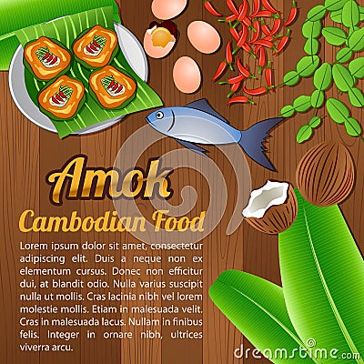 Asean National food ingredients elements set banner on wooden background,Cambodia Vector Illustration