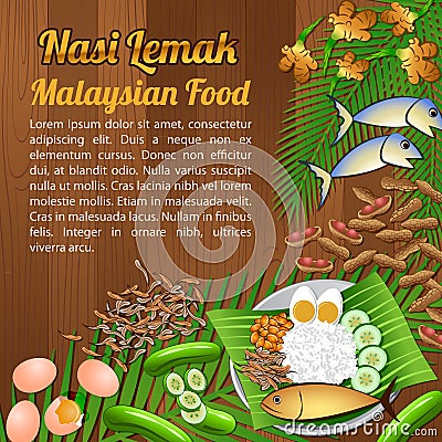 Asean National food ingredients elements set banner on wooden background,Malaysia Vector Illustration