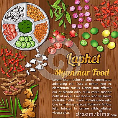 Asean National food ingredients elements set banner on wooden background,Myanmar Vector Illustration