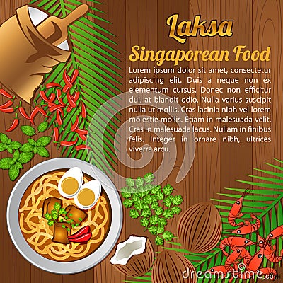 Asean National food ingredients elements set banner on wooden background,Singapore Vector Illustration