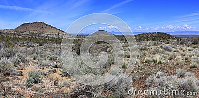 Landscape Panorama of Cinder Cones and Sagebrush Plains, Lava Beds National Monument, Northern California, USA Stock Photo