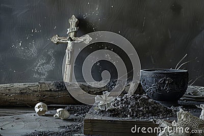 Ash Wednesday Still Life: Crucifix and Skulls on Table. Generative AI Stock Photo