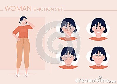Ashamed young woman semi flat color character emotions set Vector Illustration