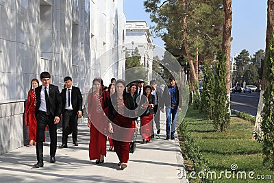 Ashgabad, Turkmenistan - October 10, 2014. Group of students in Editorial Stock Photo