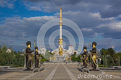 ASHGABAT, TURKMENISTAN - APRIL 17, 2018: Independence monument with Saparmurat Niyazov statue and Turkmen leaders Editorial Stock Photo