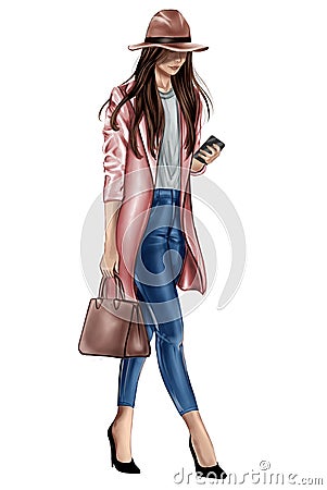Ashion illustration - Brunette girl in fashion clothes Cartoon Illustration