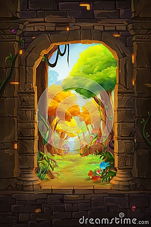 Ashlar Portal. Nature Scene. Fantasy Backdrop. Concept Art Stock Photo