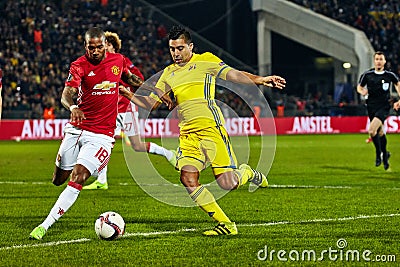 Ashley Young, Game moments in match 1 8 finals of the Europa League between FC Rostov and Manchester United , 09 March Editorial Stock Photo